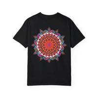 Hand-drawn mandala art printed on 100% ring-spun cotton unisex t-shirt, garment-dyed for extra comfort and durability