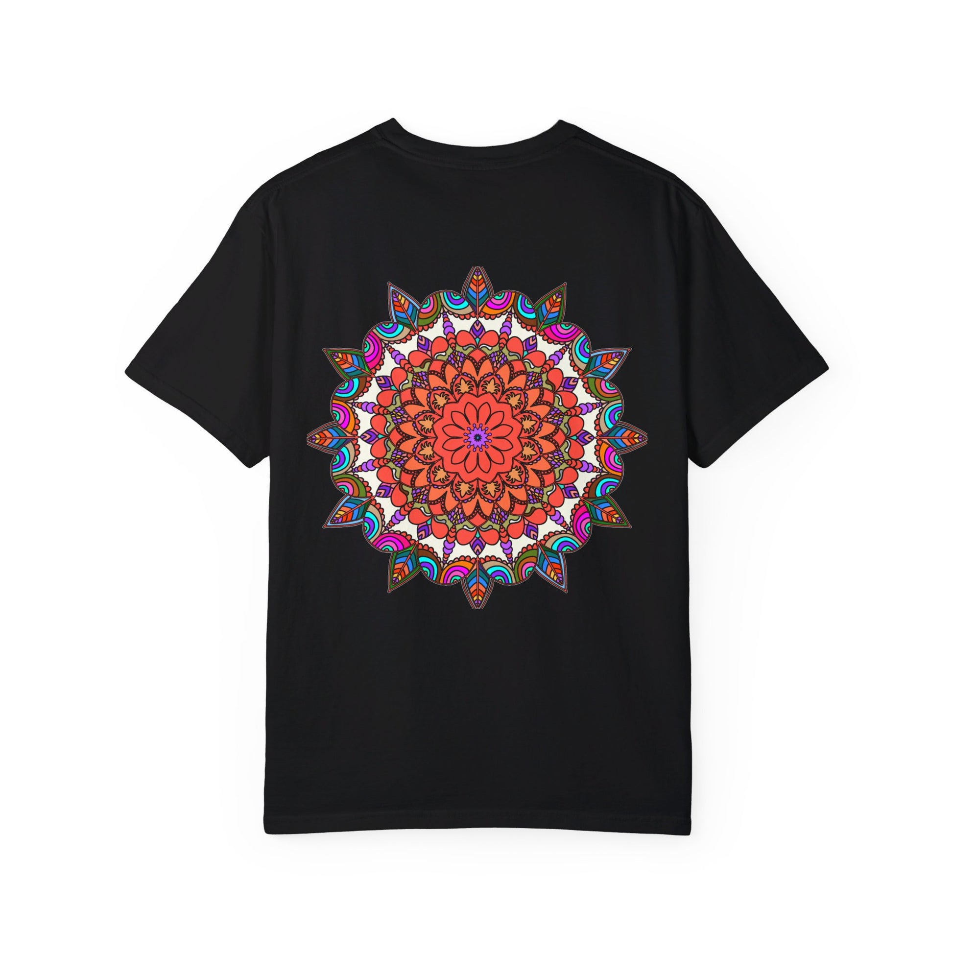 Hand-drawn mandala art printed on 100% ring-spun cotton unisex t-shirt, garment-dyed for extra comfort and durability