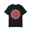 Hand-drawn mandala art printed on 100% ring-spun cotton unisex t-shirt, garment-dyed for extra comfort and durability