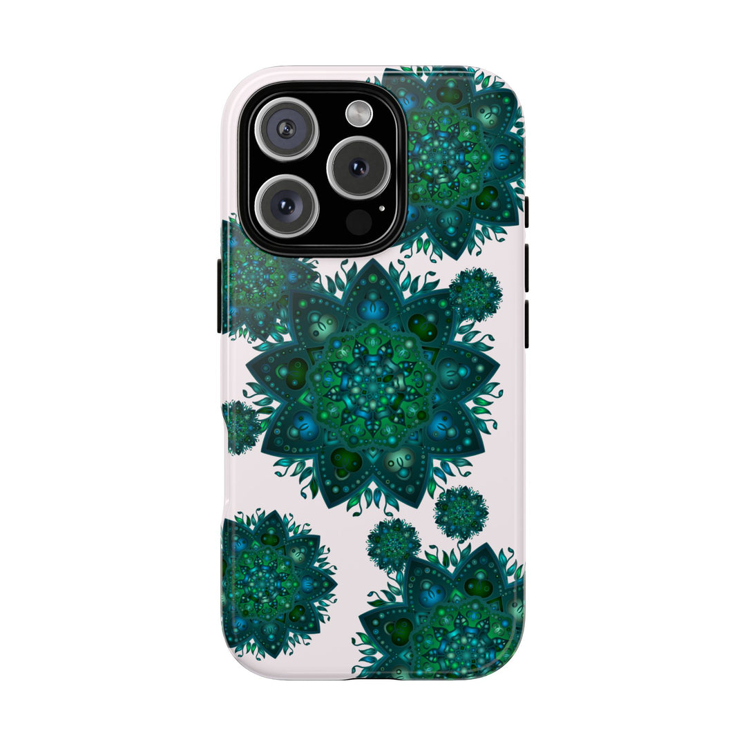 Beautiful light pink and green mandala phone case with peaceful and intricate design