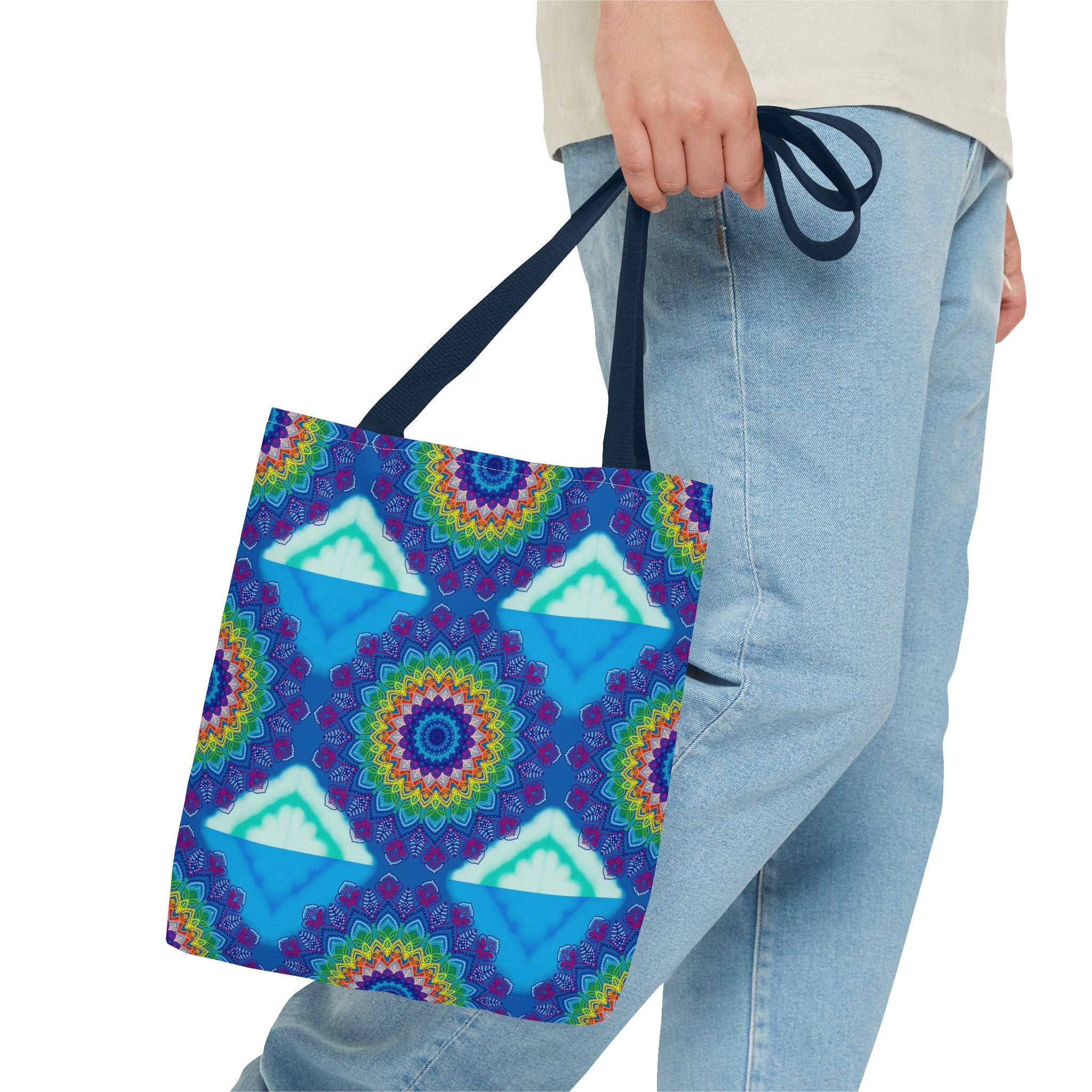 Beautiful and vibrant mandala-patterned tote bag in various colors