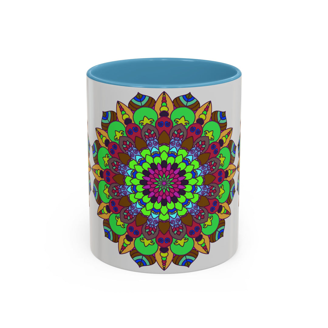 Intricately designed mandala art mug featuring a vibrant and colorful floral pattern