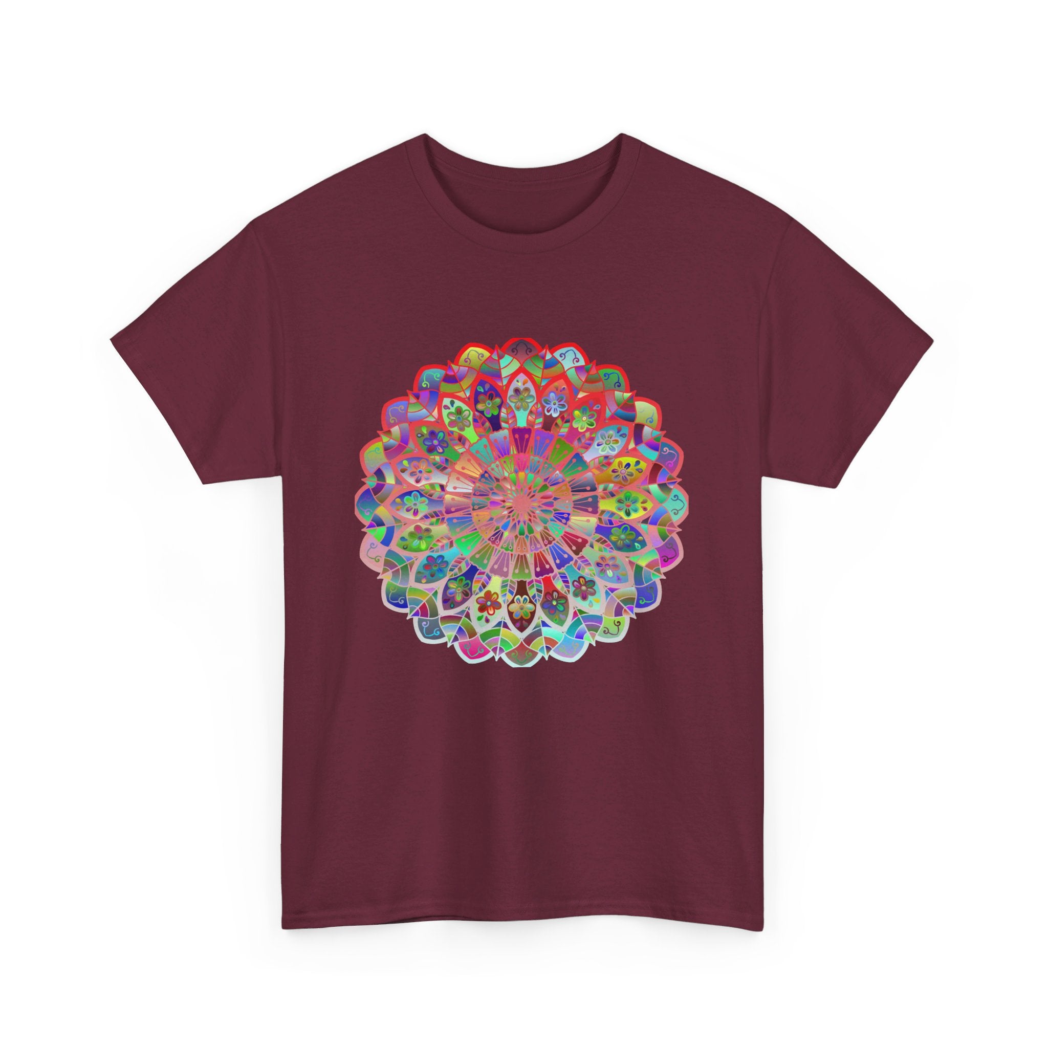 Colorful mandala art design printed on a heavy cotton unisex t-shirt promoting yoga and mindfulness