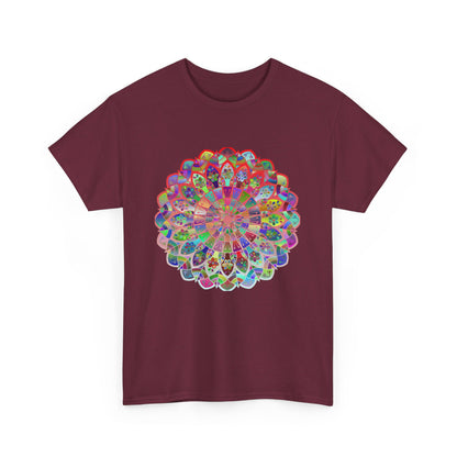 Colorful mandala art design printed on a heavy cotton unisex t-shirt promoting yoga and mindfulness