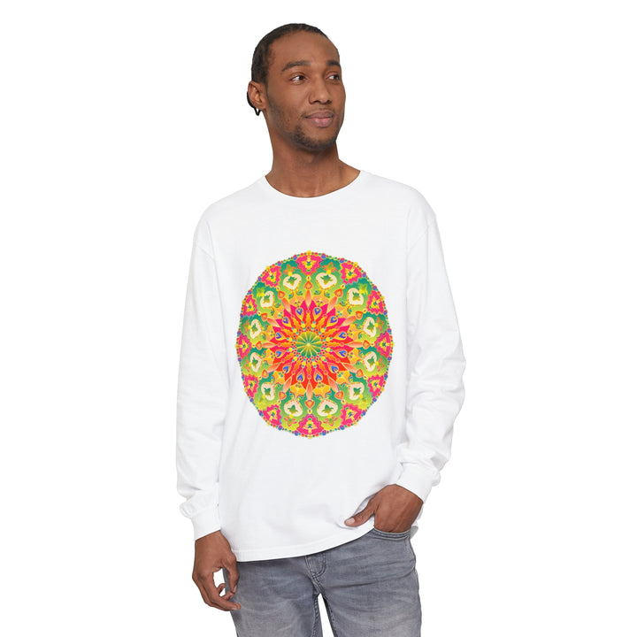 A vibrant and intricate mandala design adorns this long sleeve t-shirt