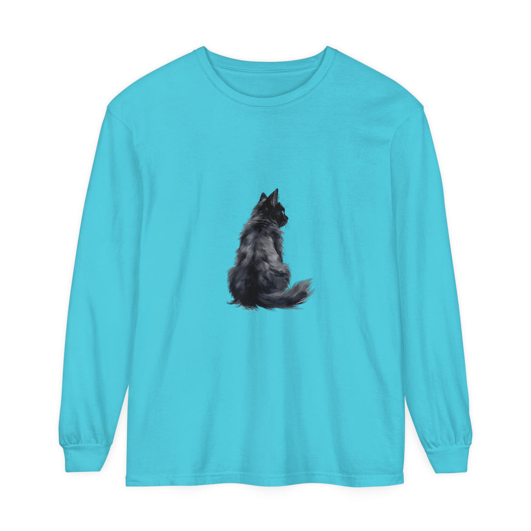 Unisex long sleeve t-shirt with black cat silhouette design on front