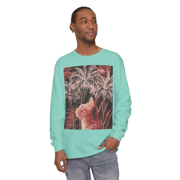 A stylish and trendy t-shirt featuring a cute ginger cat and palm tree design