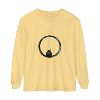 A close-up image of the Mystifying Sphere Unisex Long Sleeve T-Shirt, featuring a mysterious and captivating spherical design in shades of black, white, and gray, perfect for both men and women
