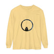 A close-up image of the Mystifying Sphere Unisex Long Sleeve T-Shirt, featuring a mysterious and captivating spherical design in shades of black, white, and gray, perfect for both men and women