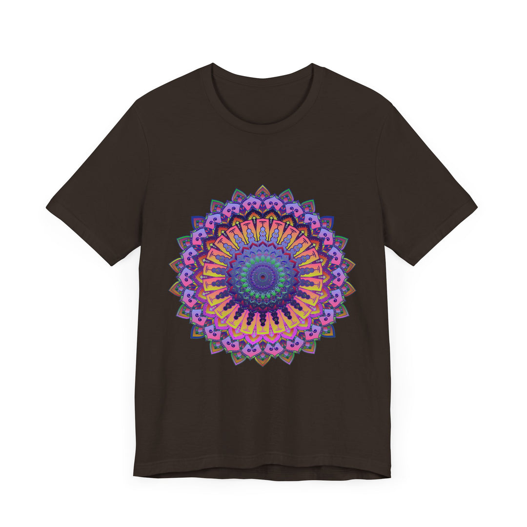 A close-up image of a colorful mandala meditation tee featuring an intricate and detailed design with vibrant colors