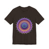 A close-up image of a colorful mandala meditation tee featuring an intricate and detailed design with vibrant colors