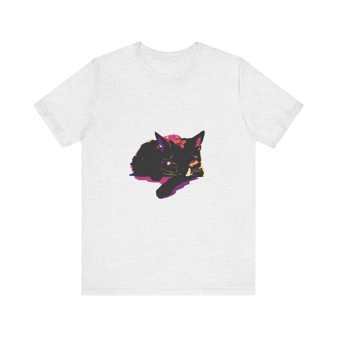 Black Cat Mystery - Colorful Sleep T-Shirt featuring a whimsical design of a black cat surrounded by vibrant colors and patterns, perfect for a comfortable and stylish night's rest