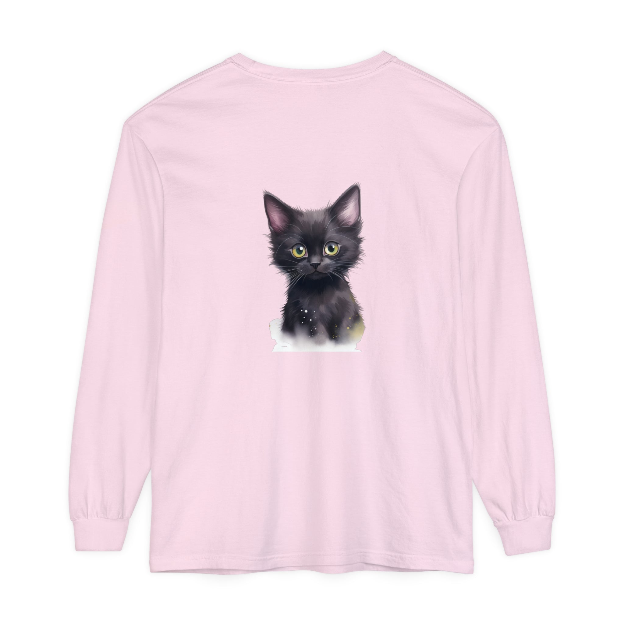 A close-up image of a cute black kitten with vibrant green eyes printed on a soft and comfortable t-shirt