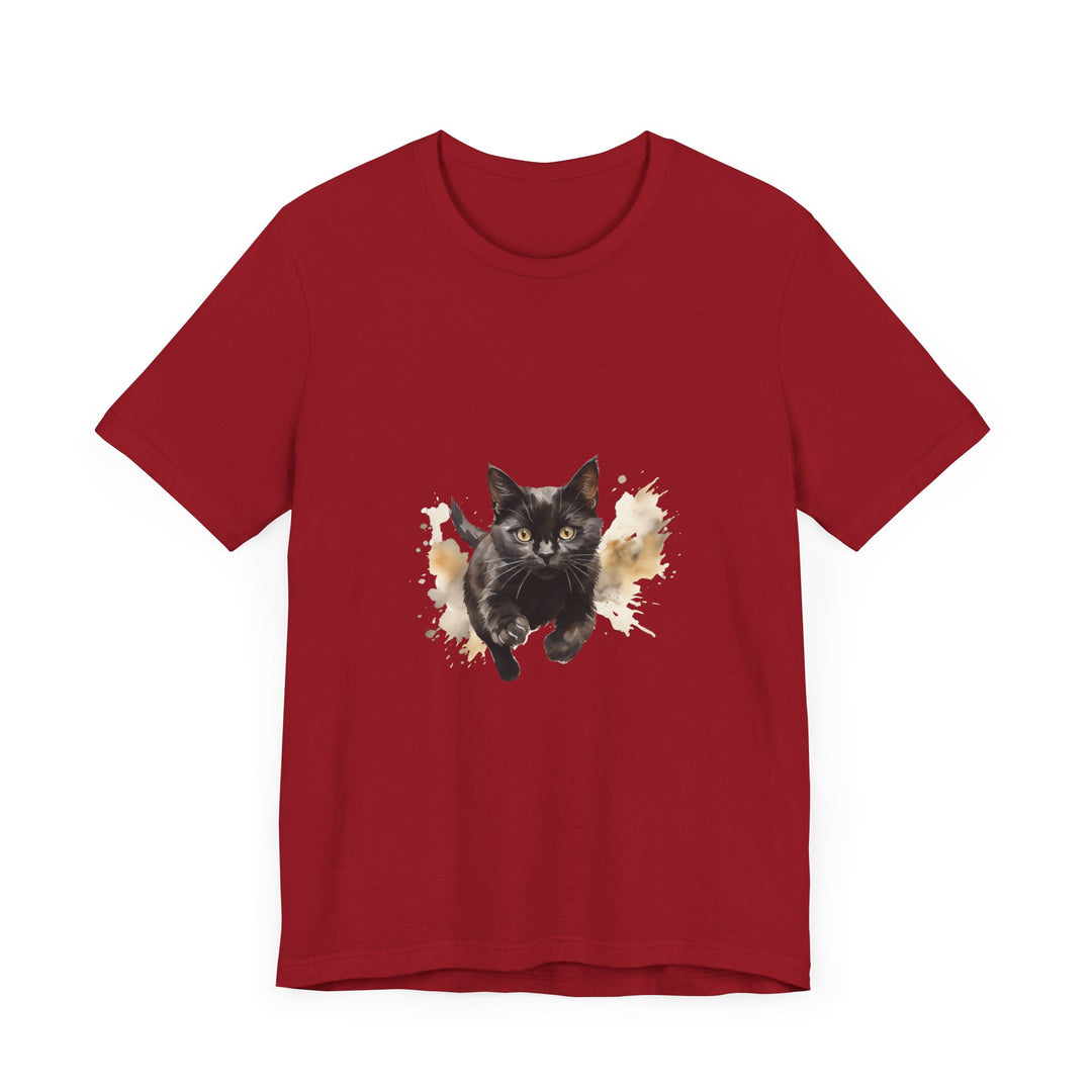 Black Cat Watercolor Sprint T-Shirt: A stylish and artistic t-shirt featuring a unique watercolor design of a black cat sprinting, perfect for cat lovers and art enthusiasts