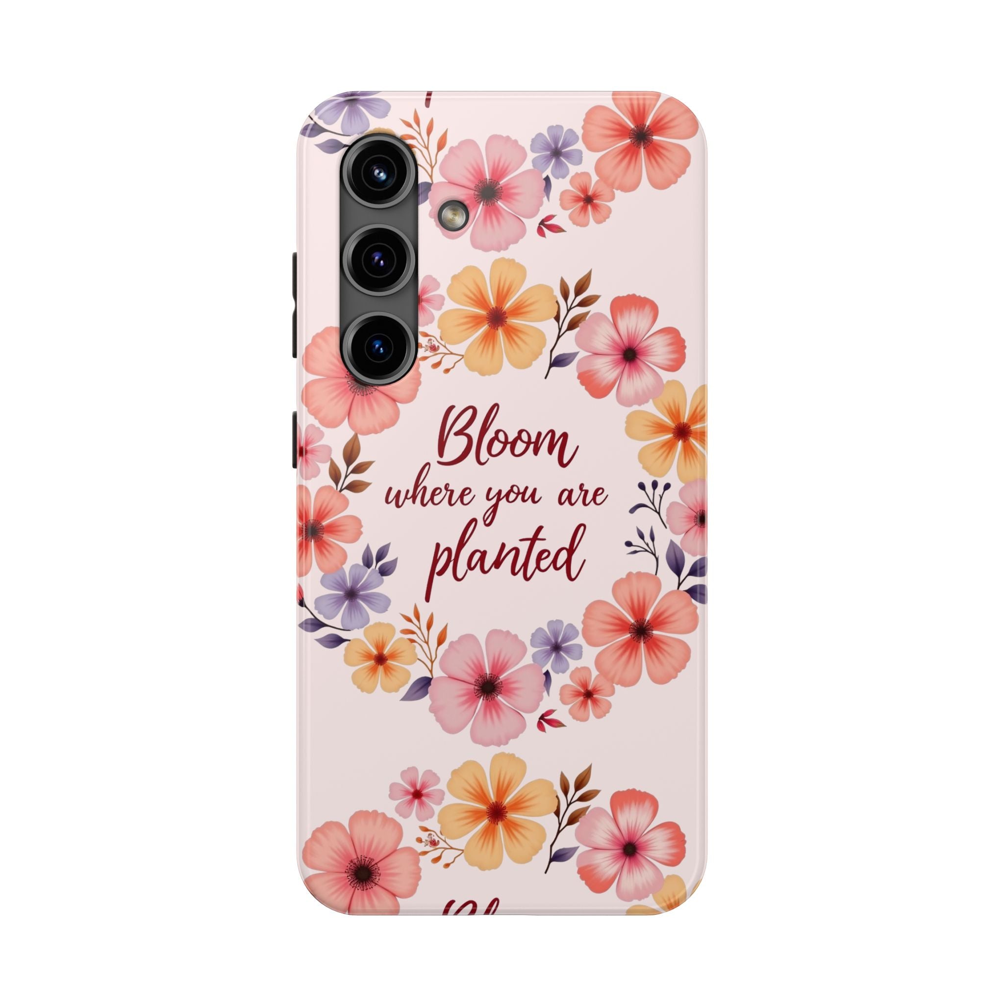 A light pink phone case with a beautiful flower garland design