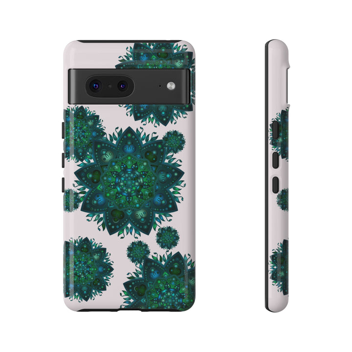 Light pink and green mandala phone case with a peaceful and intricate design