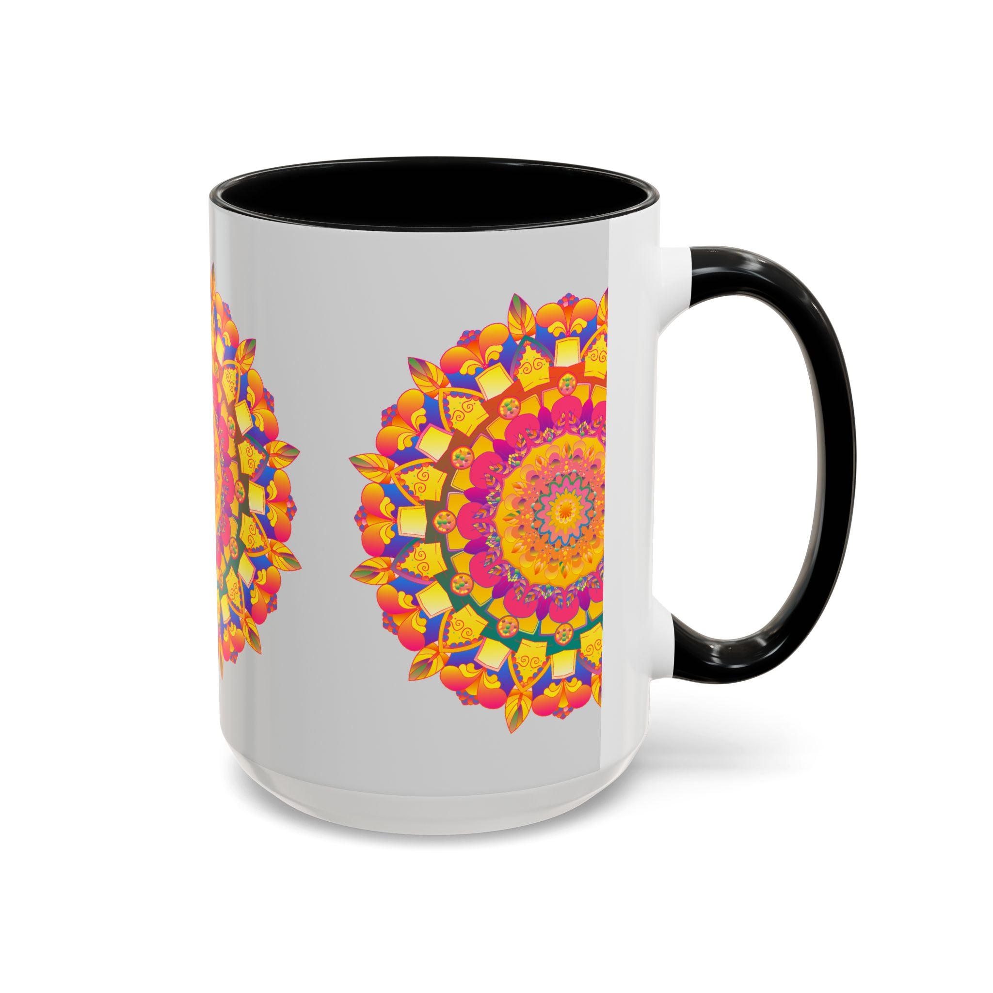 Beautiful and vibrant mandala art design in various colors on a grey background, featured on a unique and stylish mug