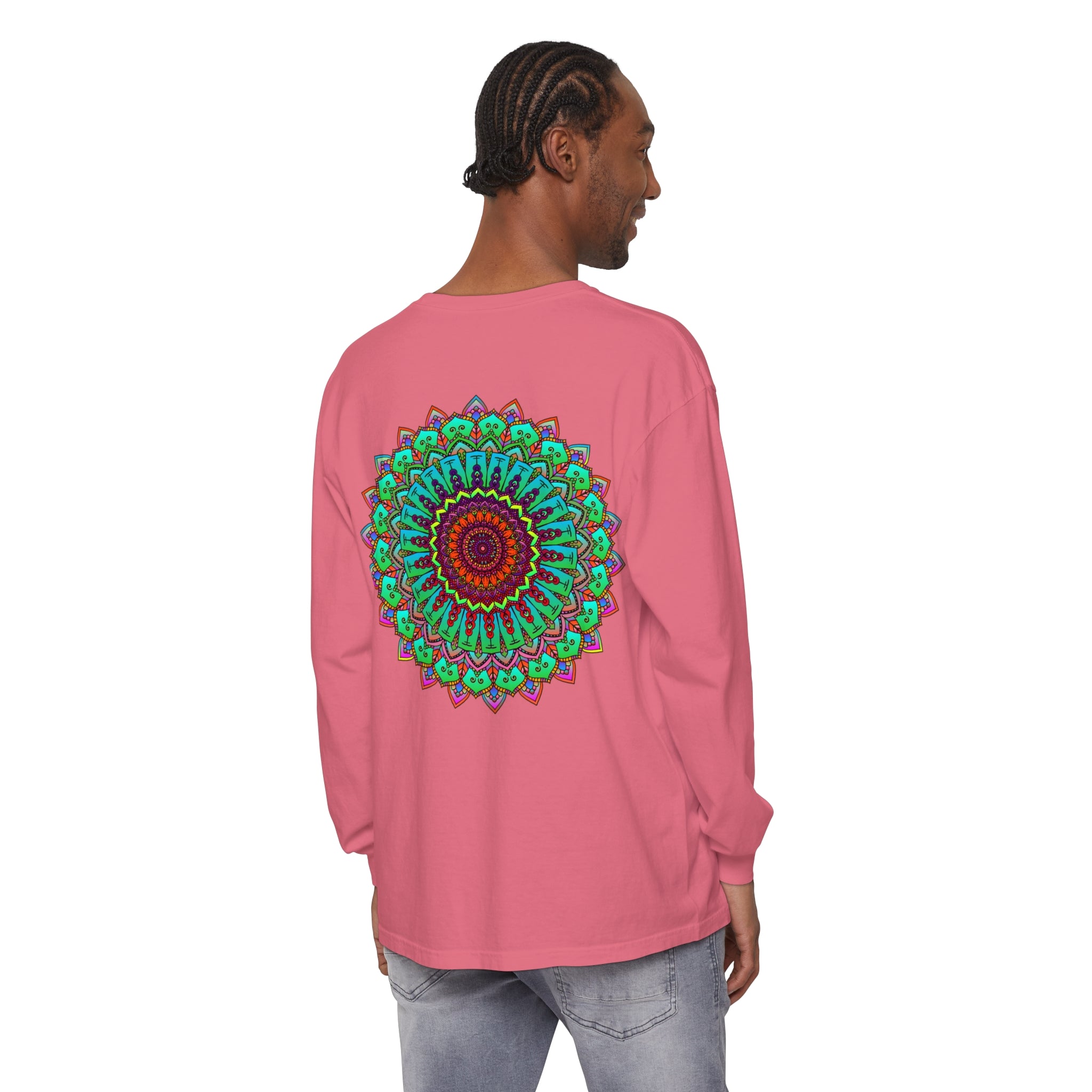 Intricately designed long sleeve t-shirt with vivid and spiritual mandala print
###