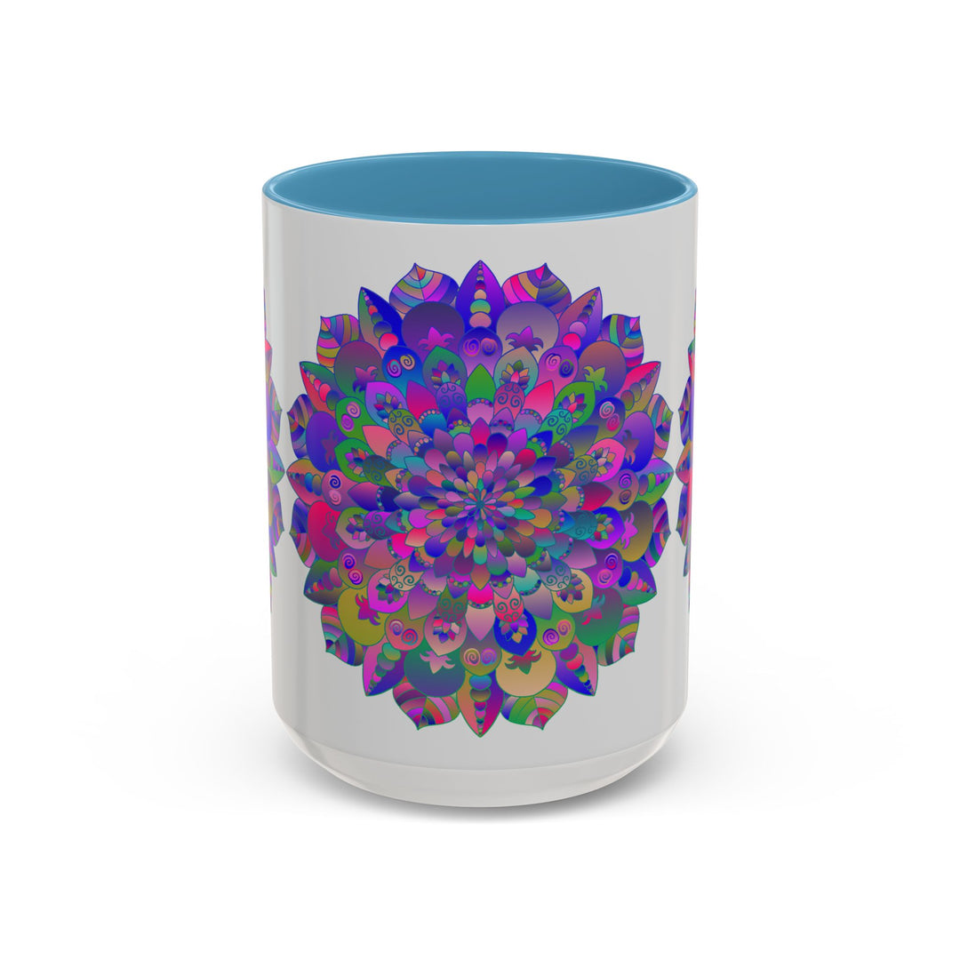 A vibrant and colorful psychedelic mandala mug featuring spiritual art designs