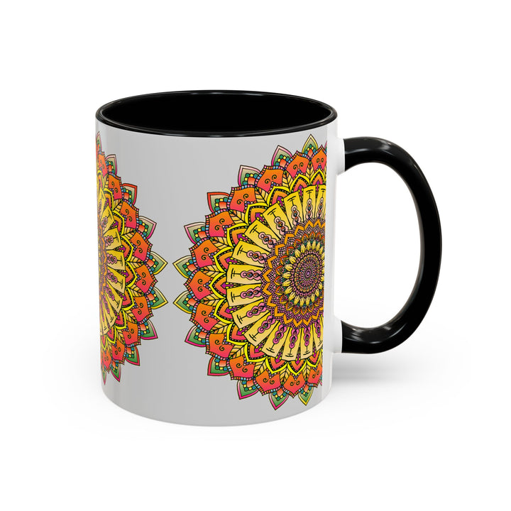 Vibrant and colorful mandala art on a grey ceramic mug, perfect for adding a pop of color to your morning routine