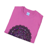 Colorful purple mandala art unisex softstyle t-shirt with intricate hand-drawn design