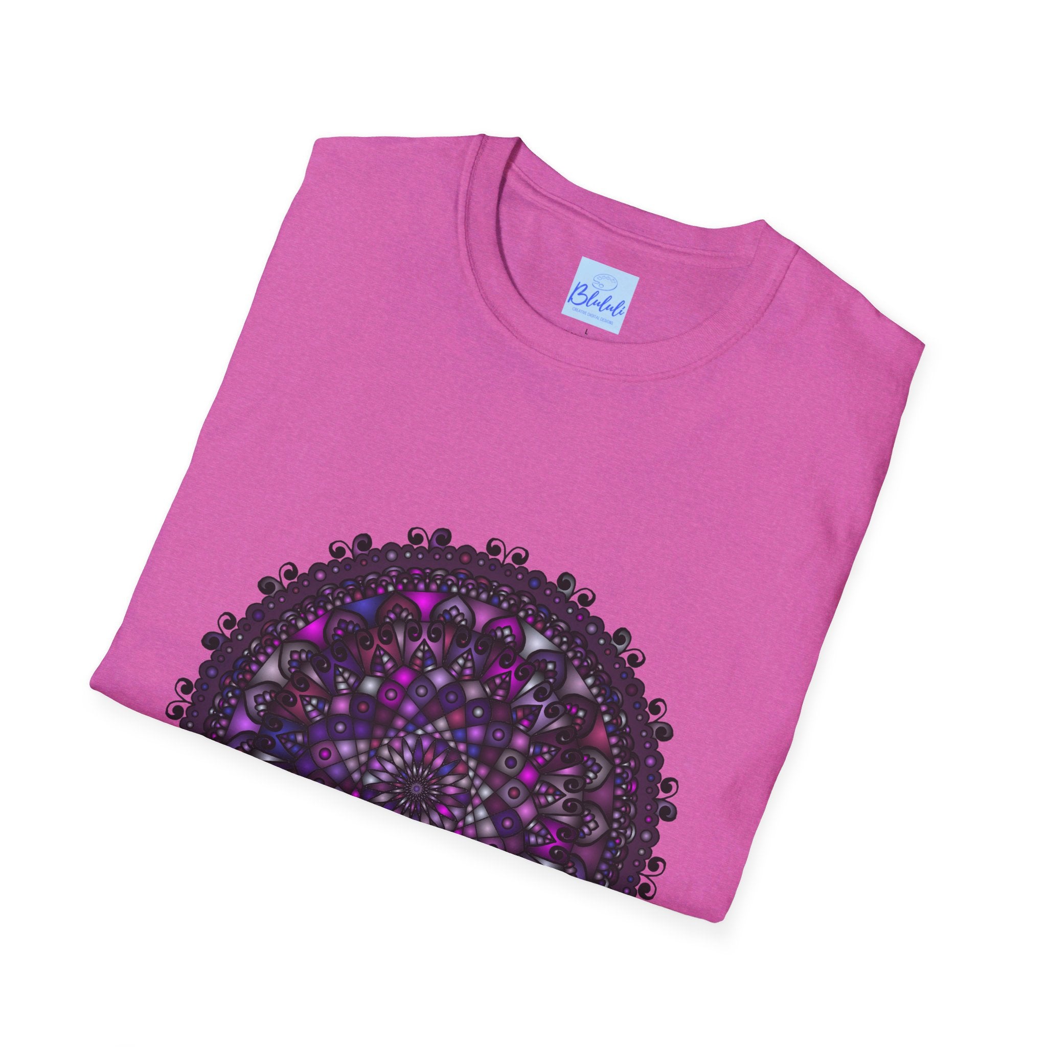 Colorful purple mandala art unisex softstyle t-shirt with intricate hand-drawn design