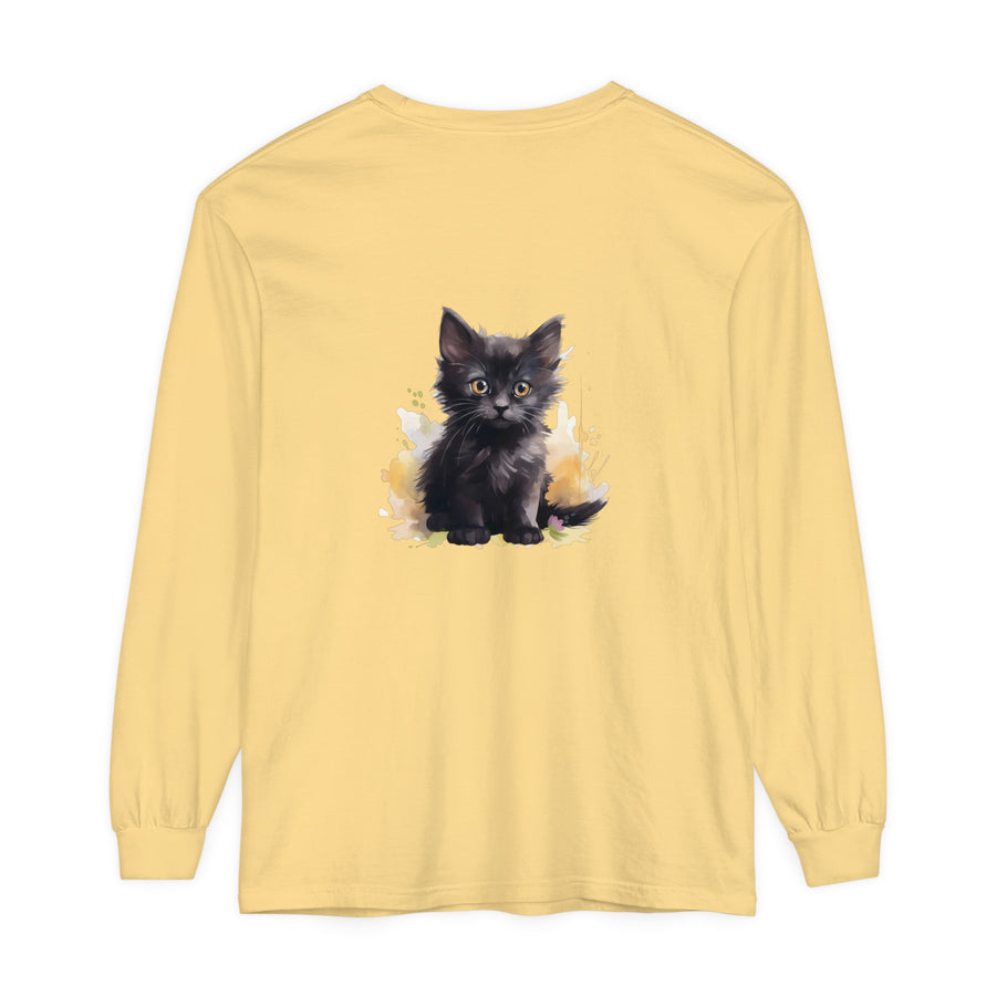 Black Kitten Watercolor Splash T-Shirt featuring a cute black kitten surrounded by colorful watercolor splashes, perfect for cat lovers and fans of unique, artistic apparel