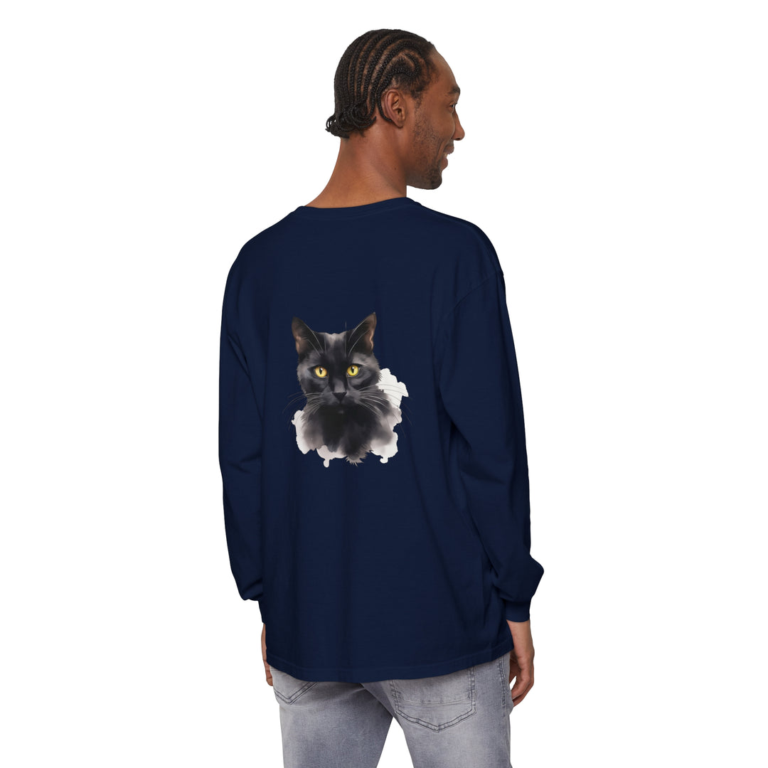 Black cat portrait long sleeve unisex t-shirt with realistic feline design