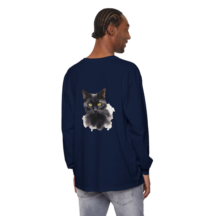 Black cat portrait long sleeve unisex t-shirt with realistic feline design