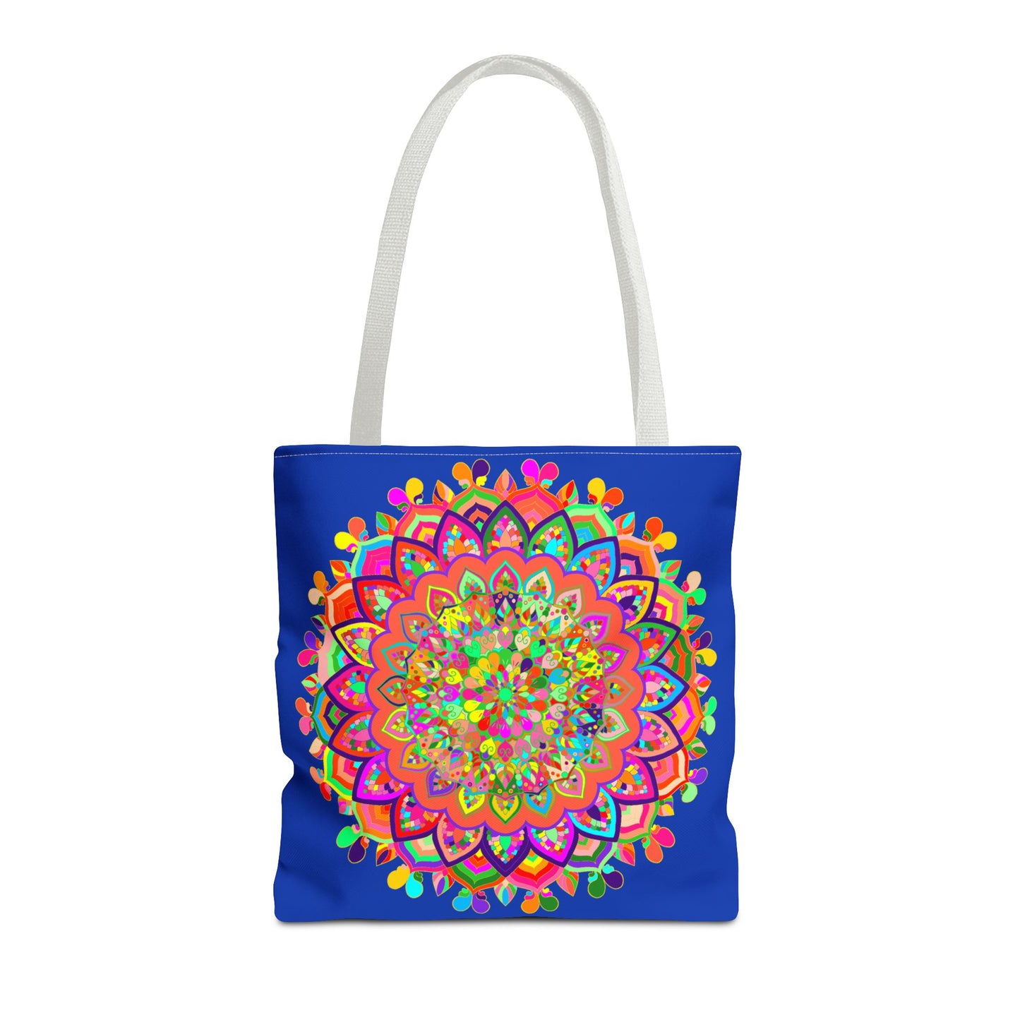 Dark blue tote bag featuring a vibrant and intricate mandala art design