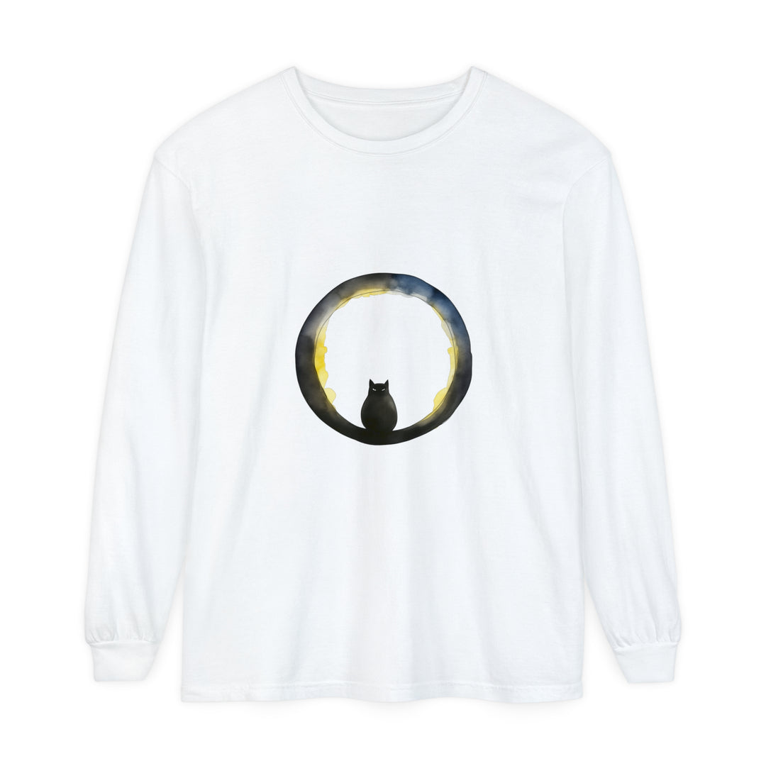 Black Cat Crescent Moon Halloween T-Shirt on a black background