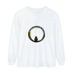 Black Cat Crescent Moon Halloween T-Shirt on a black background