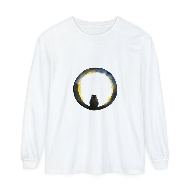 Black Cat Crescent Moon Halloween T-Shirt on a black background