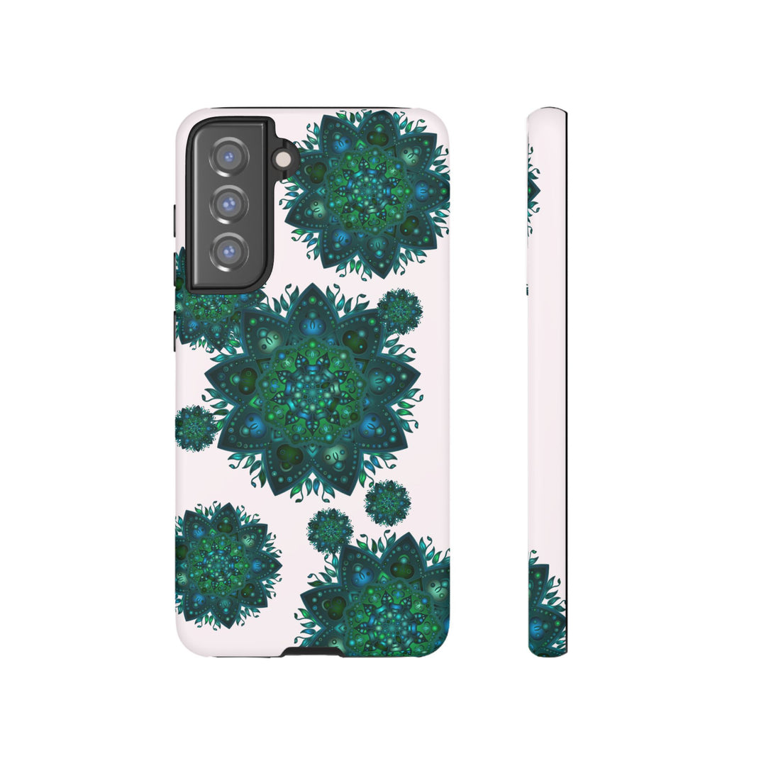 Beautiful light pink and green mandala phone case with peaceful and intricate design