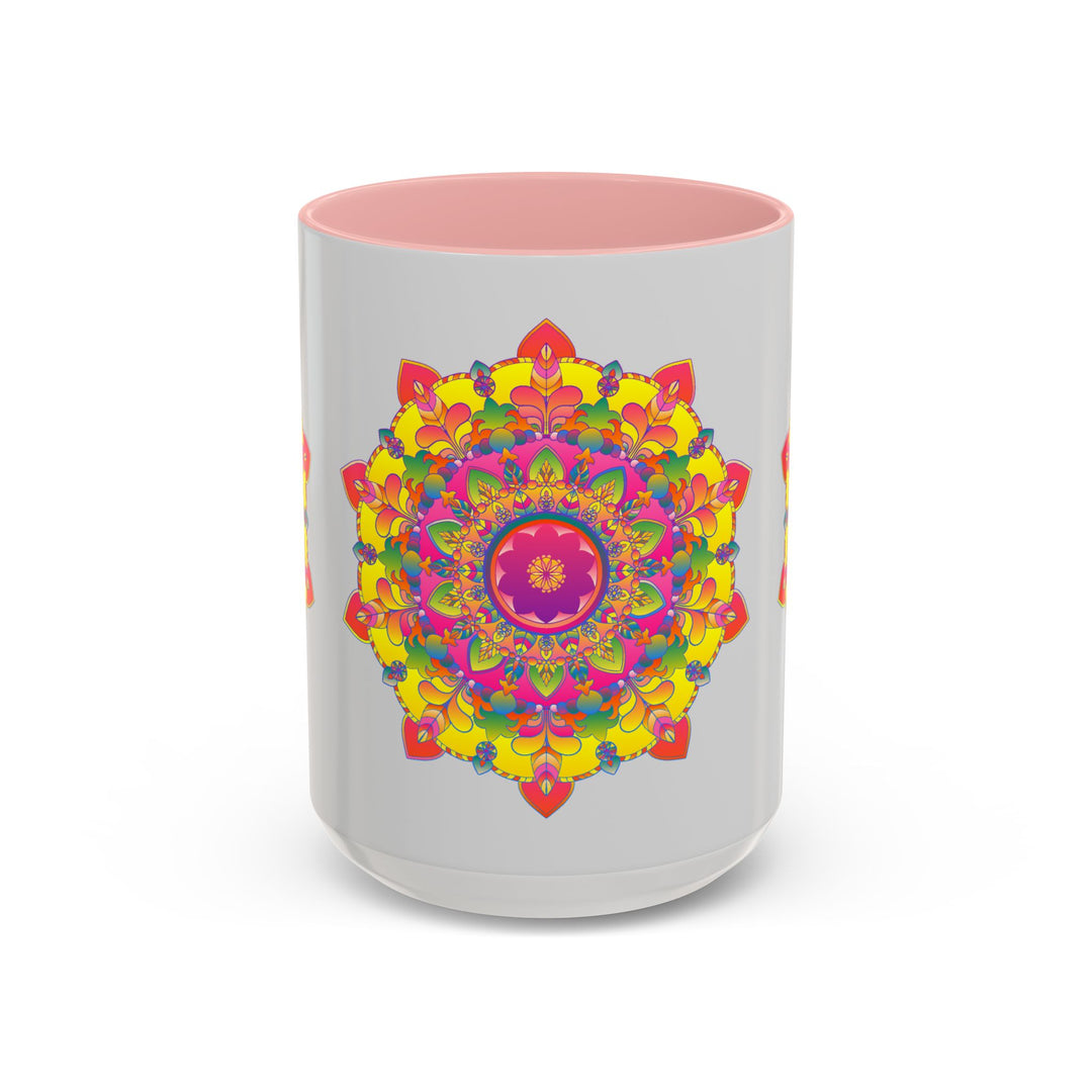 A vibrant mandala design on a grey ceramic mug, perfect for enjoying your favorite hot beverages