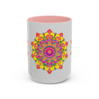 A vibrant mandala design on a grey ceramic mug, perfect for enjoying your favorite hot beverages