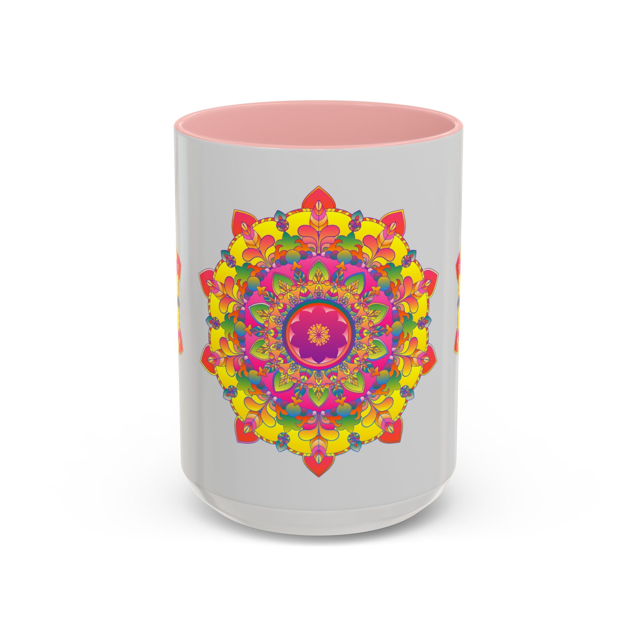 A vibrant mandala design on a grey ceramic mug, perfect for enjoying your favorite hot beverages