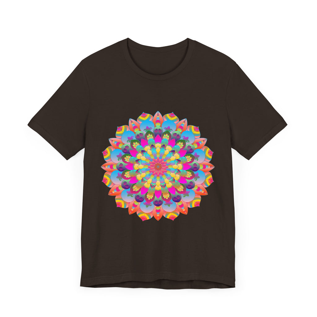 A vibrant and intricate mandala flower design adorns this colorful psychedelic art t-shirt