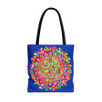 Dark blue tote bag with colorful mandala art design, perfect for carrying your essentials in style