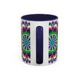 A close-up image of a ceramic mug with a mandala art design in vibrant colors, representing spirituality and mindfulness