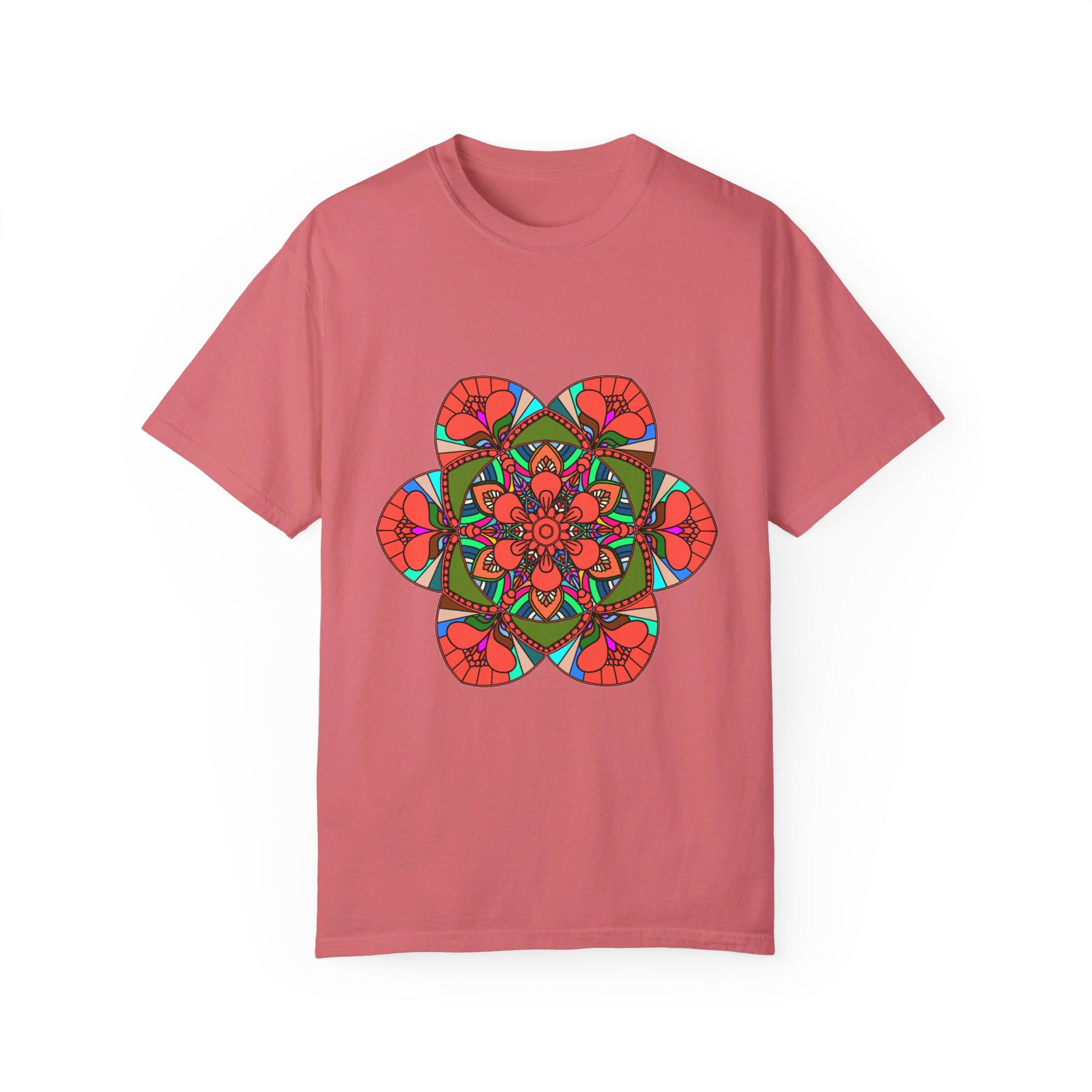 A unisex mandala t-shirt made of 100% ring-spun cotton, featuring hand-drawn mandala art and garment-dyed for extra comfort