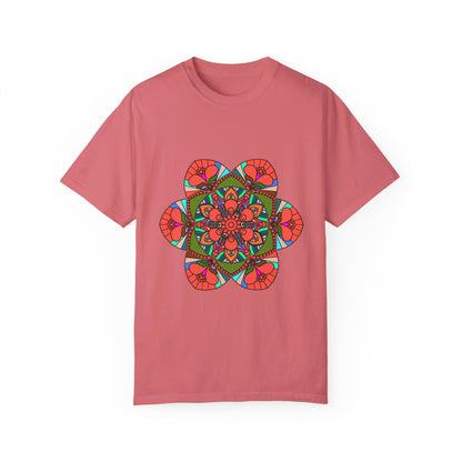 A unisex mandala t-shirt made of 100% ring-spun cotton, featuring hand-drawn mandala art and garment-dyed for extra comfort