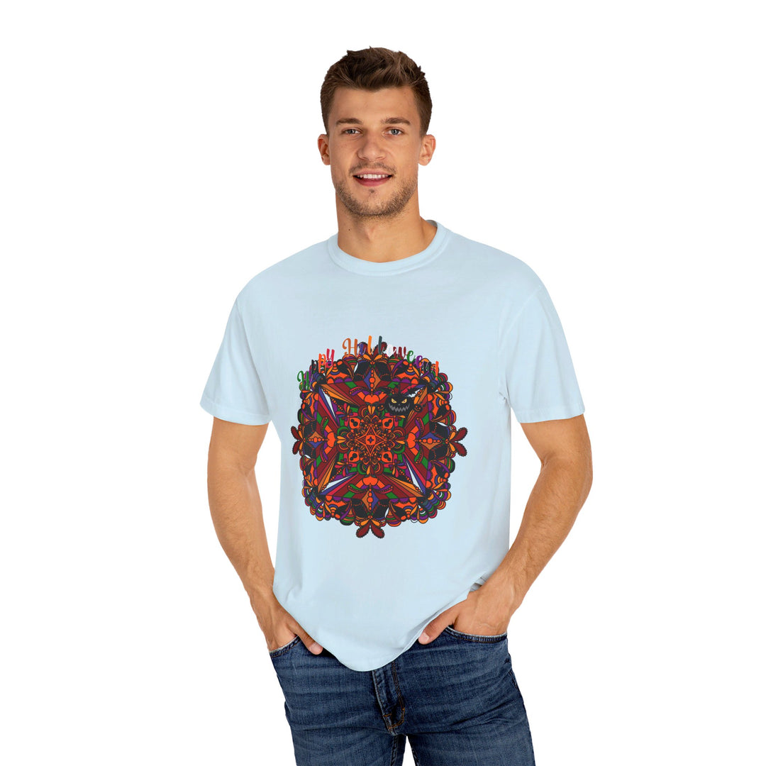 Unisex Halloween Mandala T-shirt featuring handmade pumpkin mandala art on a garment-dyed tee