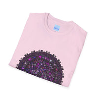 Softstyle unisex T-shirt featuring a hand-drawn purple mandala art design