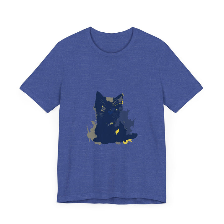 Midnight Blue Cat Mystery T-Shirt featuring a playful feline design on a soft, comfortable cotton tee perfect for cat lovers