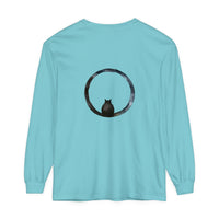A close-up image of a Mystifying Sphere Unisex Long Sleeve T-Shirt with intricate geometric design in black and white colors, perfect for casual and stylish wear