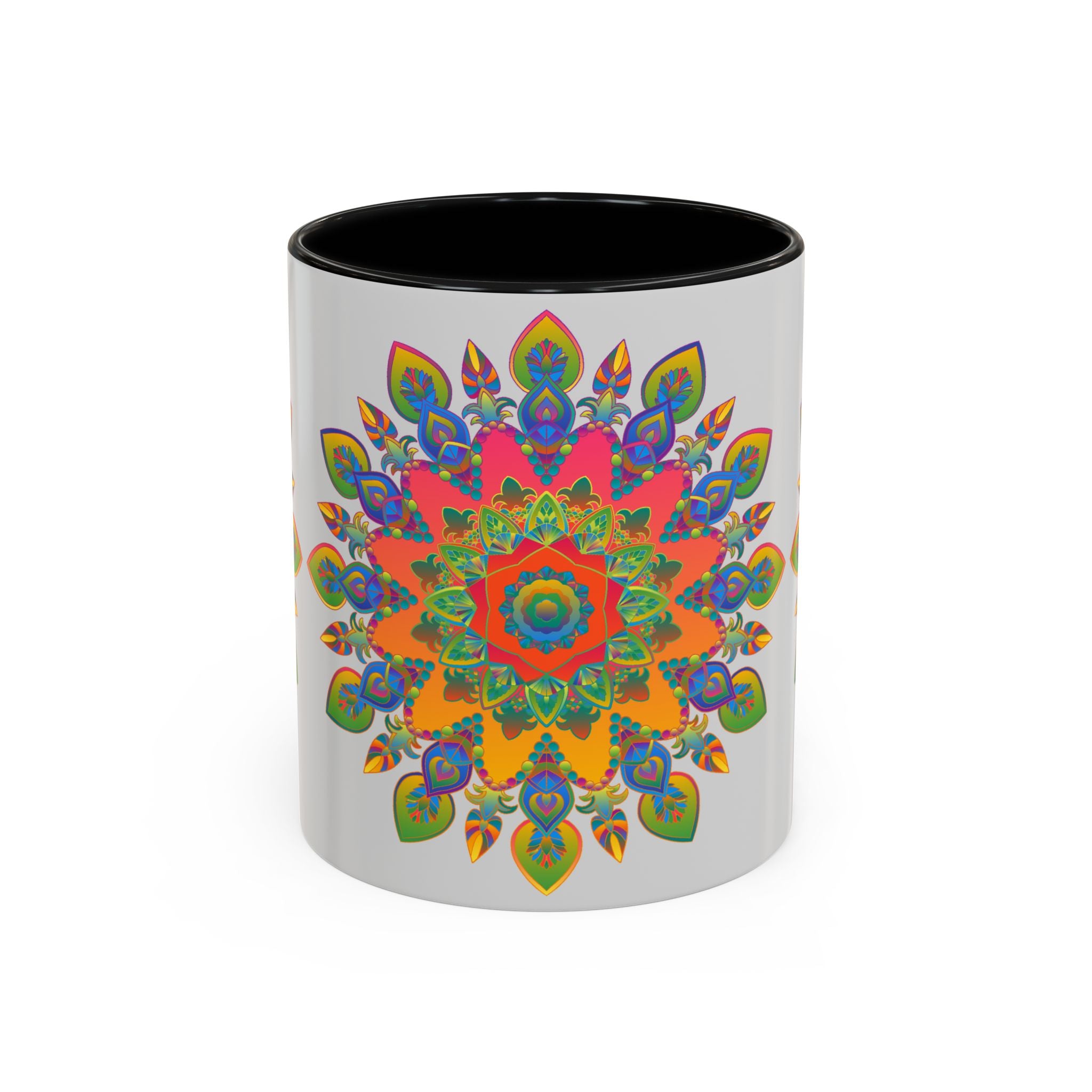 Beautiful grey mug featuring intricate and vibrant mandala art design