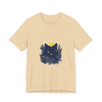 Black Cat Mystery T-Shirt featuring a whimsical design of colorful flowers
