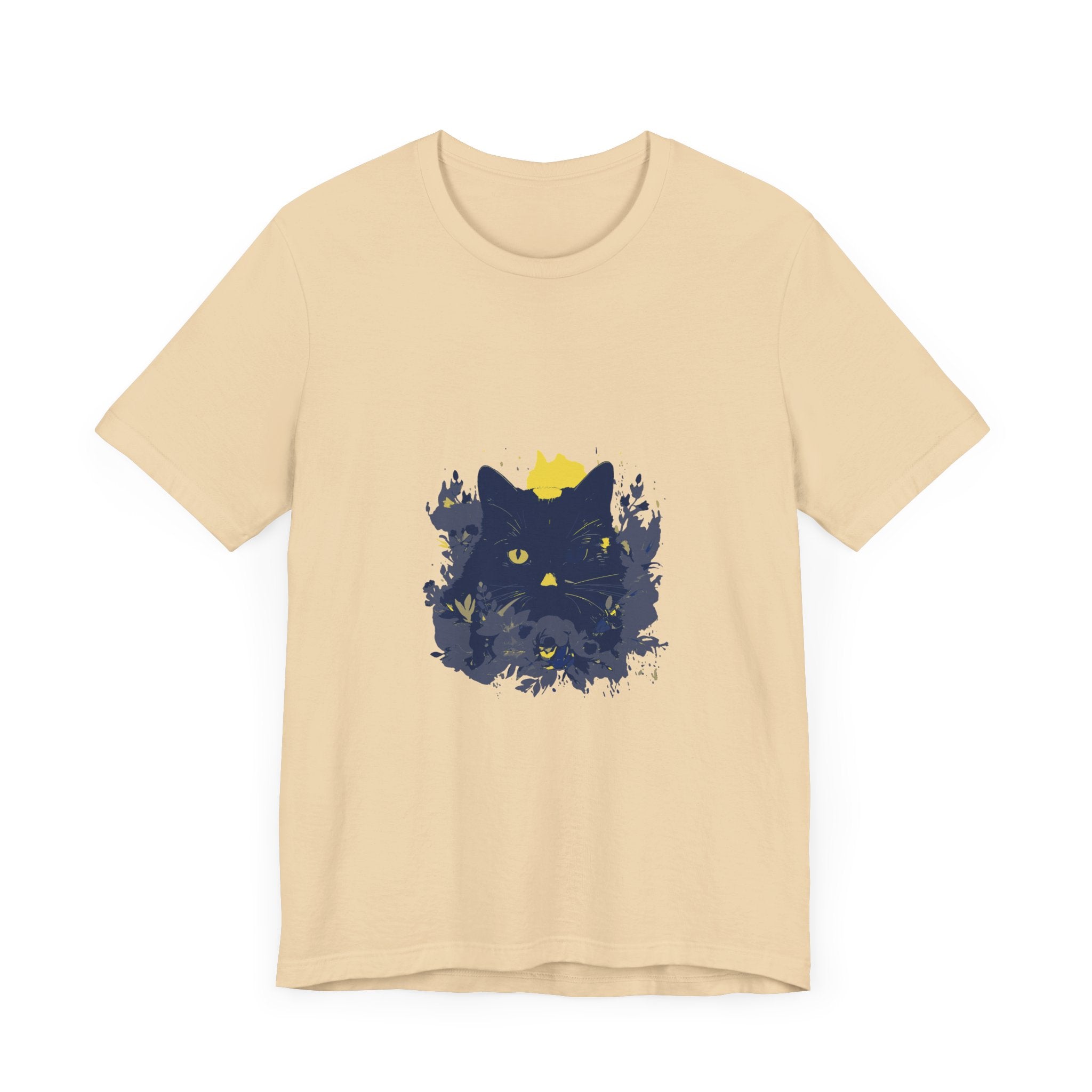 Black Cat Mystery T-Shirt featuring a whimsical design of colorful flowers