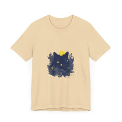 Black Cat Mystery T-Shirt featuring a whimsical design of colorful flowers